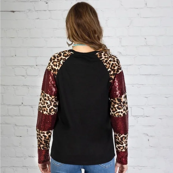 Leopard and Sequin Long Sleeve Top - Picture 2 of 4